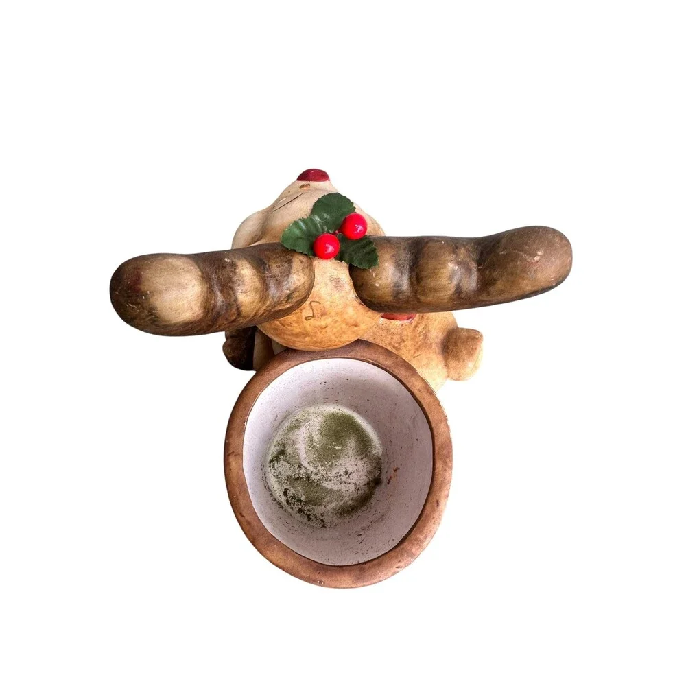 Vintage Red Nose Reindeer Christmas Planter Pot w/Mistletoe Kitsch Holiday Decor